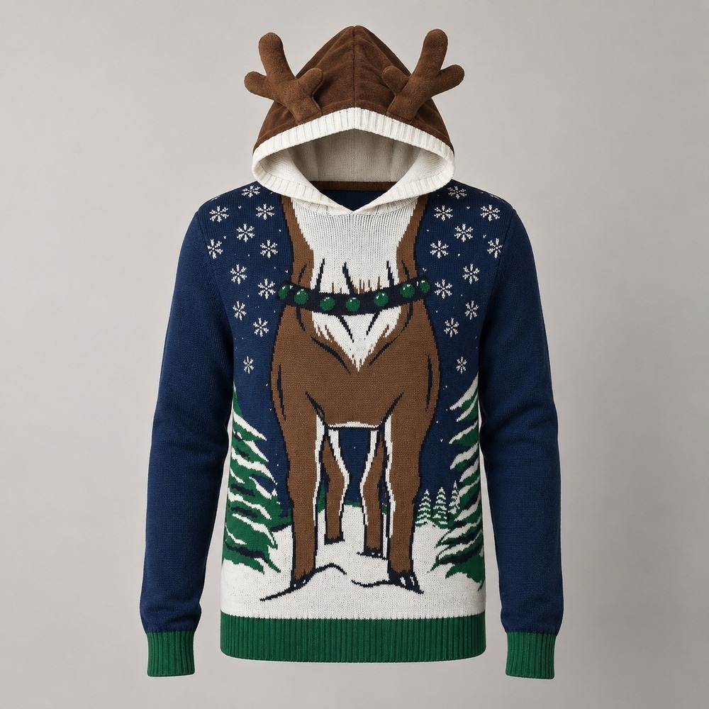 Ugly Christmas Sweater Reindeer Hoodie Antlers Navy Knit Men's Novelty XL XMas
